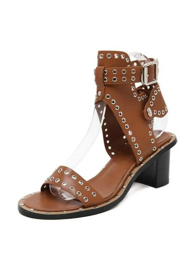 Ankle Strap Rome Medium Heel Shoes Rivets Square Sandals