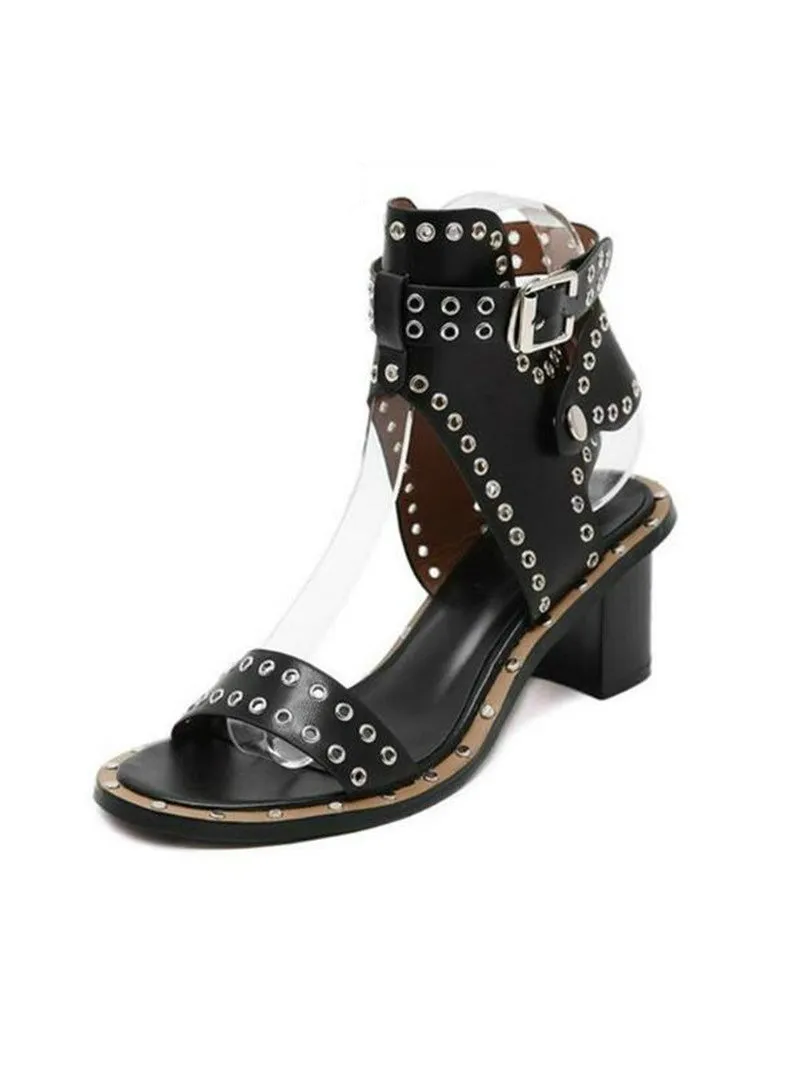 Ankle Strap Rome Medium Heel Shoes Rivets Square Sandals