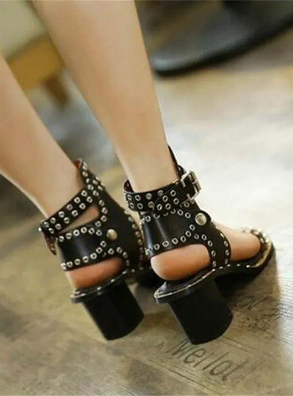 Ankle Strap Rome Medium Heel Shoes Rivets Square Sandals