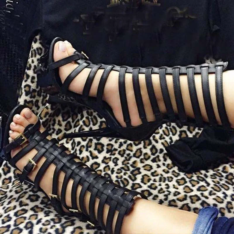 Black Leather Cutout High Heel Sandals