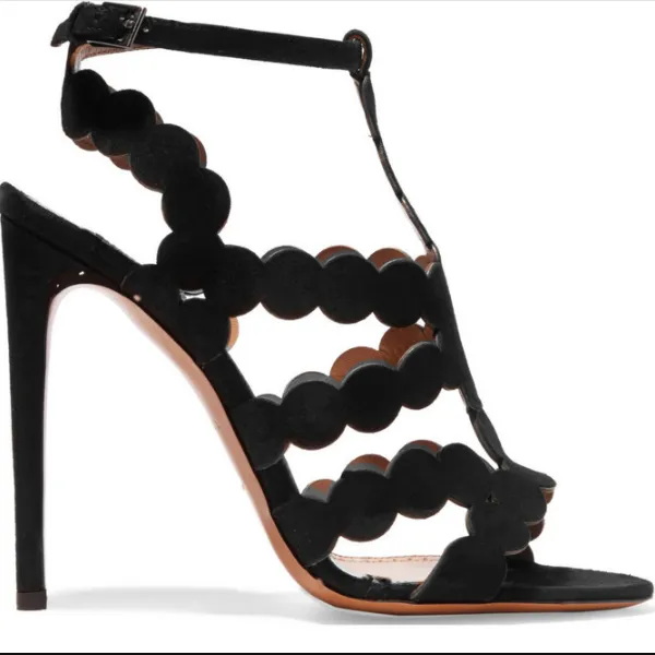 Black Suede Cutout Buckle High Heel Ankle Sandals