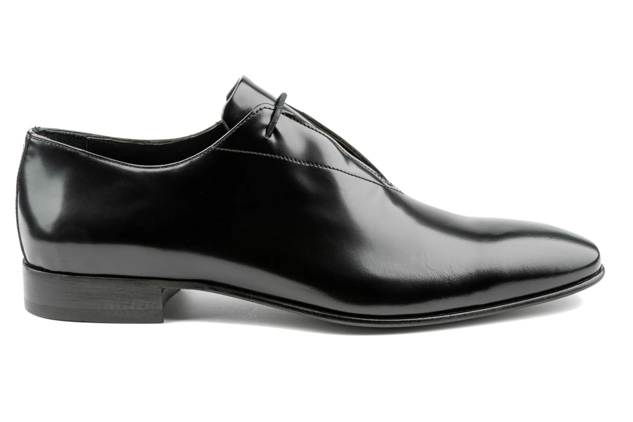 Black Wholecut Oxford Shoes, One Eyelet, One Piece Plain Patent Leather, Designer Oxford Lace-Up Shoes, High Gloss, Leather Sole Best Oxford Shoes for Men: Wal by Debbano