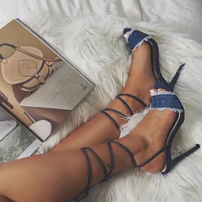 Blue Denim Fringe Strap High Heel Sandals