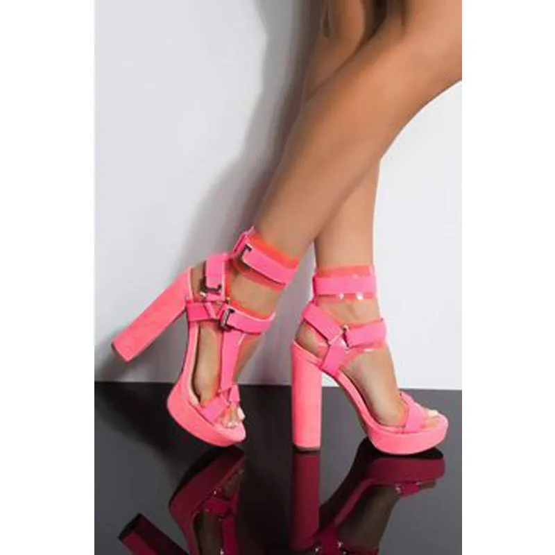 Bright Color Buckle Platform Chunky Heel Sandals