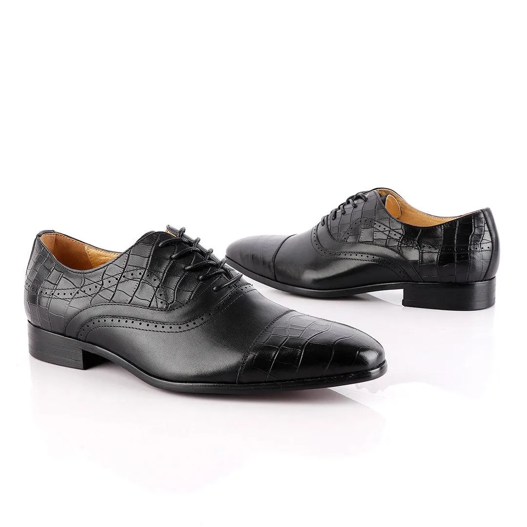 John Foster Oxford Wingtip Croc Laceup Black Leather Shoes