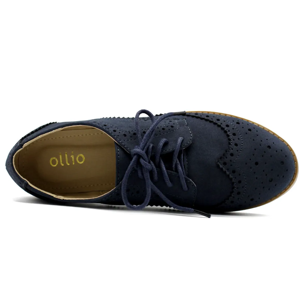 Ollio Women's Flat Shoe Wingtip Lace Up Faux Nubuck Oxford