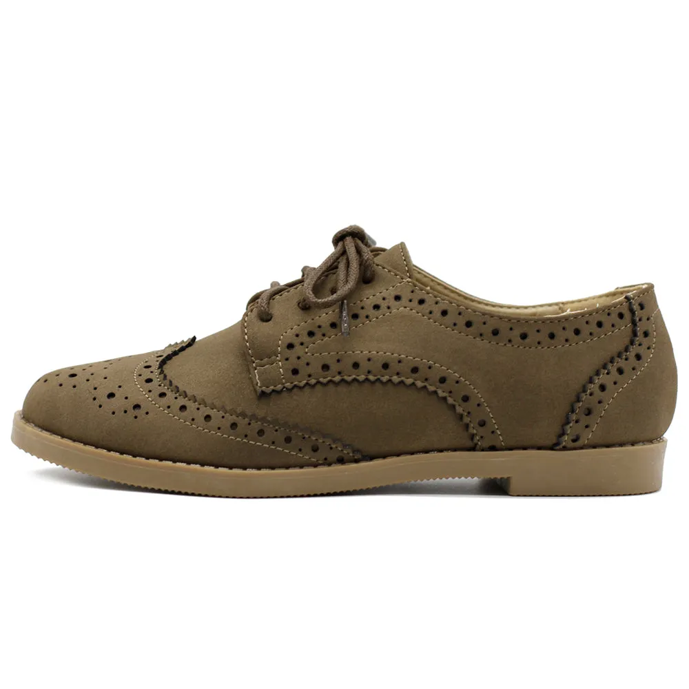 Ollio Women's Flat Shoe Wingtip Lace Up Faux Nubuck Oxford