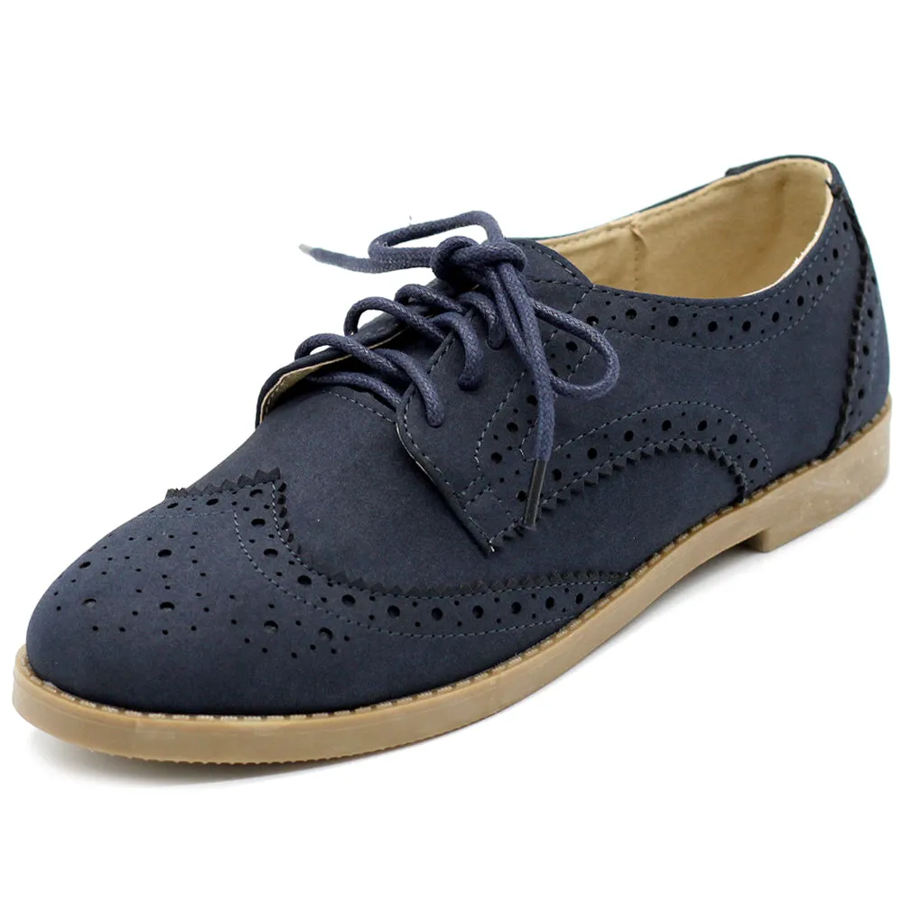 Ollio Women's Flat Shoe Wingtip Lace Up Faux Nubuck Oxford