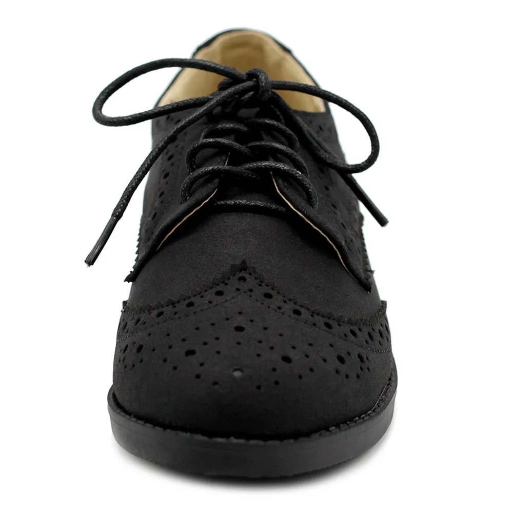 Ollio Women's Flat Shoe Wingtip Lace Up Faux Nubuck Oxford