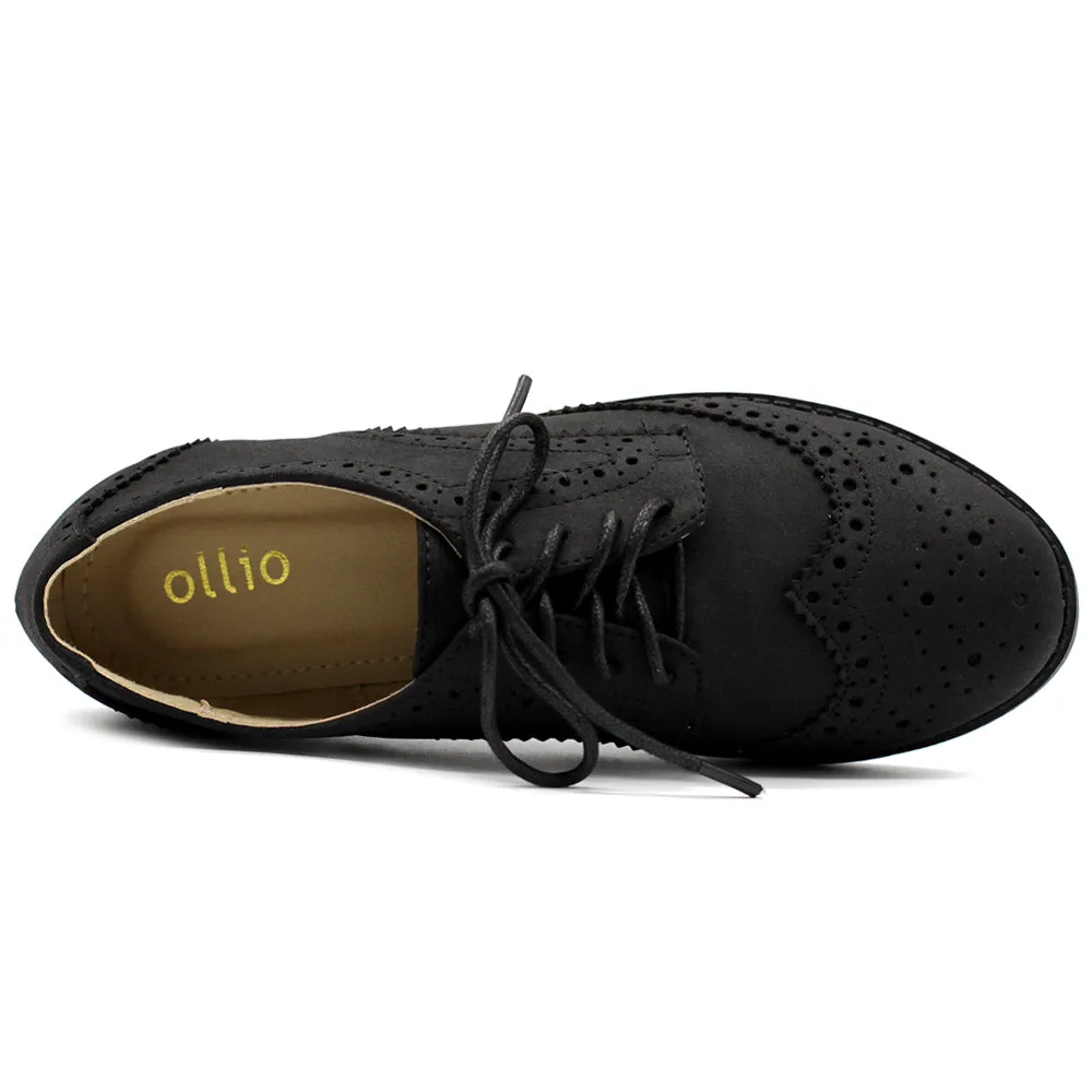 Ollio Women's Flat Shoe Wingtip Lace Up Faux Nubuck Oxford