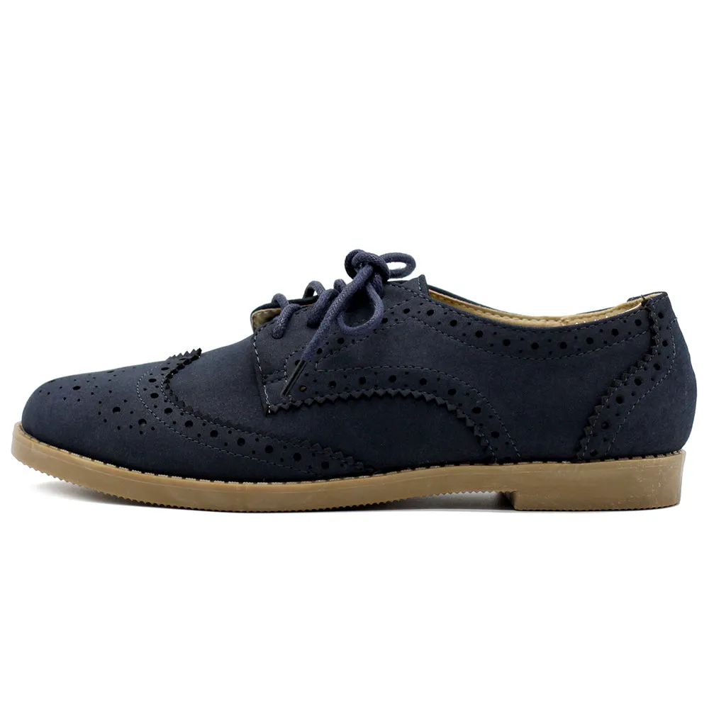 Ollio Women's Flat Shoe Wingtip Lace Up Faux Nubuck Oxford