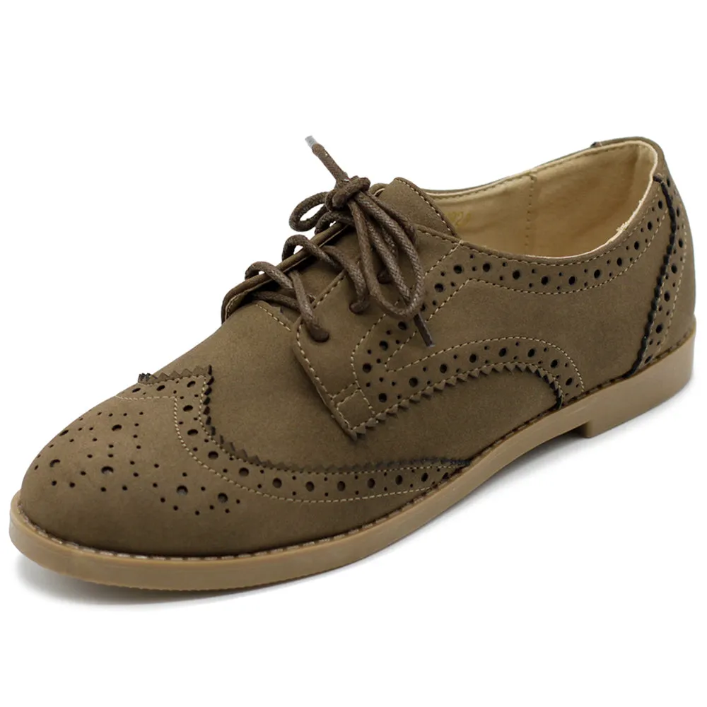 Ollio Women's Flat Shoe Wingtip Lace Up Faux Nubuck Oxford