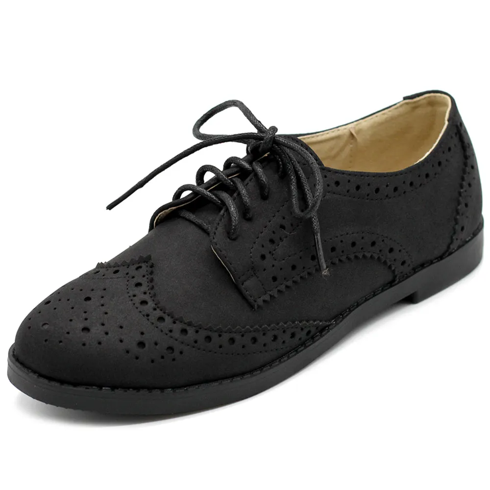 Ollio Women's Flat Shoe Wingtip Lace Up Faux Nubuck Oxford