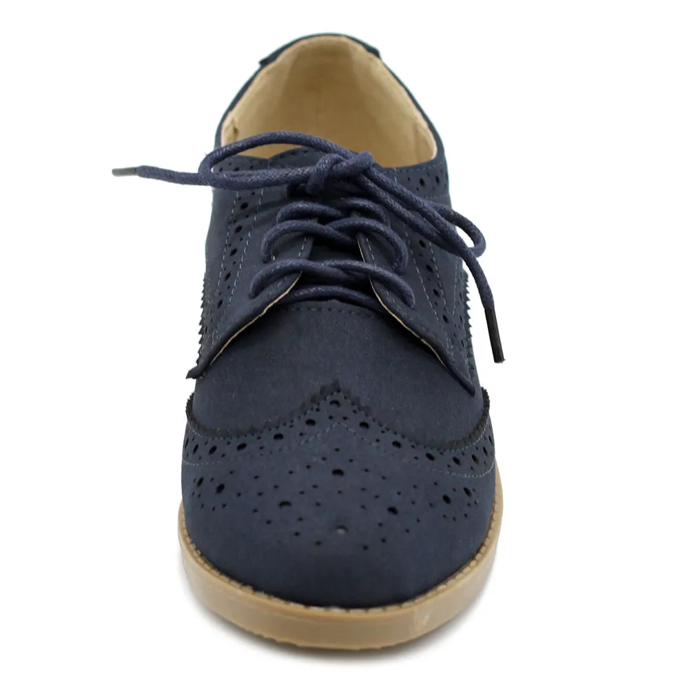 Ollio Women's Flat Shoe Wingtip Lace Up Faux Nubuck Oxford