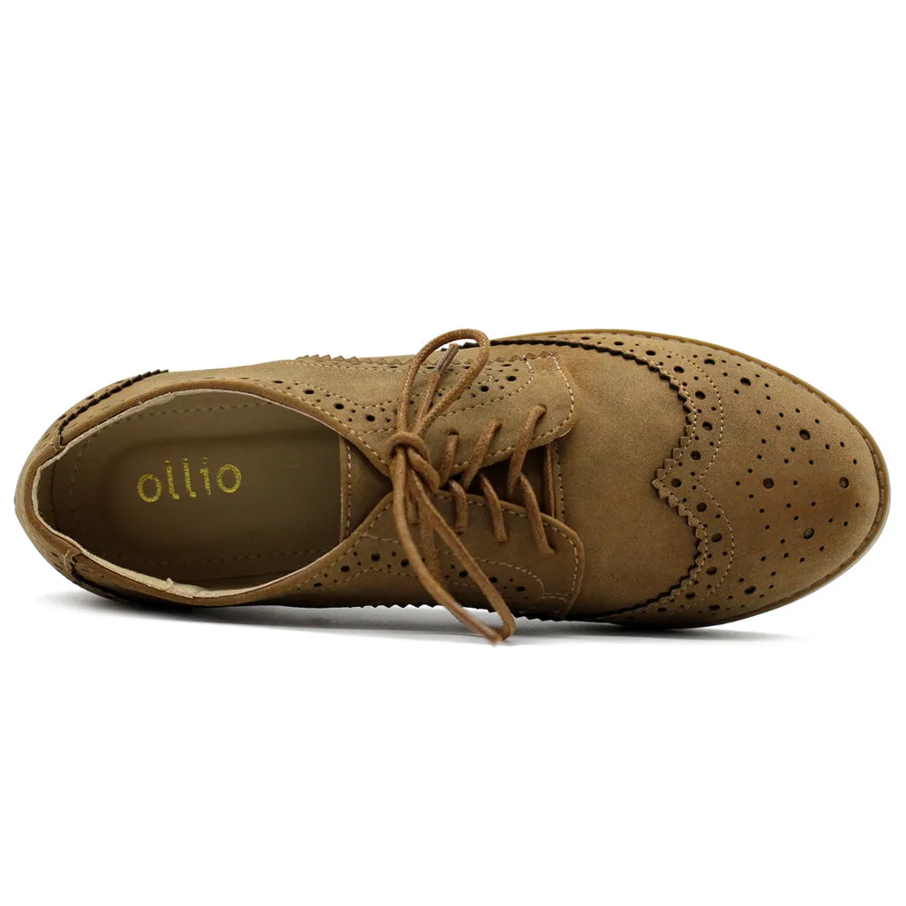 Ollio Women's Flat Shoe Wingtip Lace Up Faux Nubuck Oxford