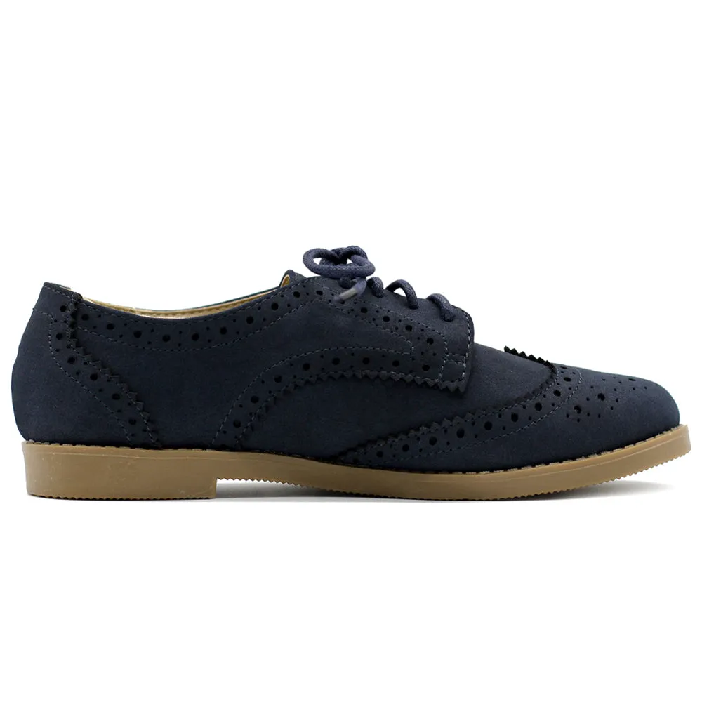 Ollio Women's Flat Shoe Wingtip Lace Up Faux Nubuck Oxford