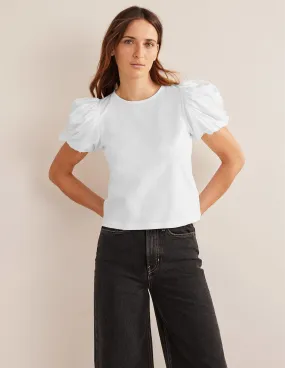 Puff Sleeve Jersey Top-White