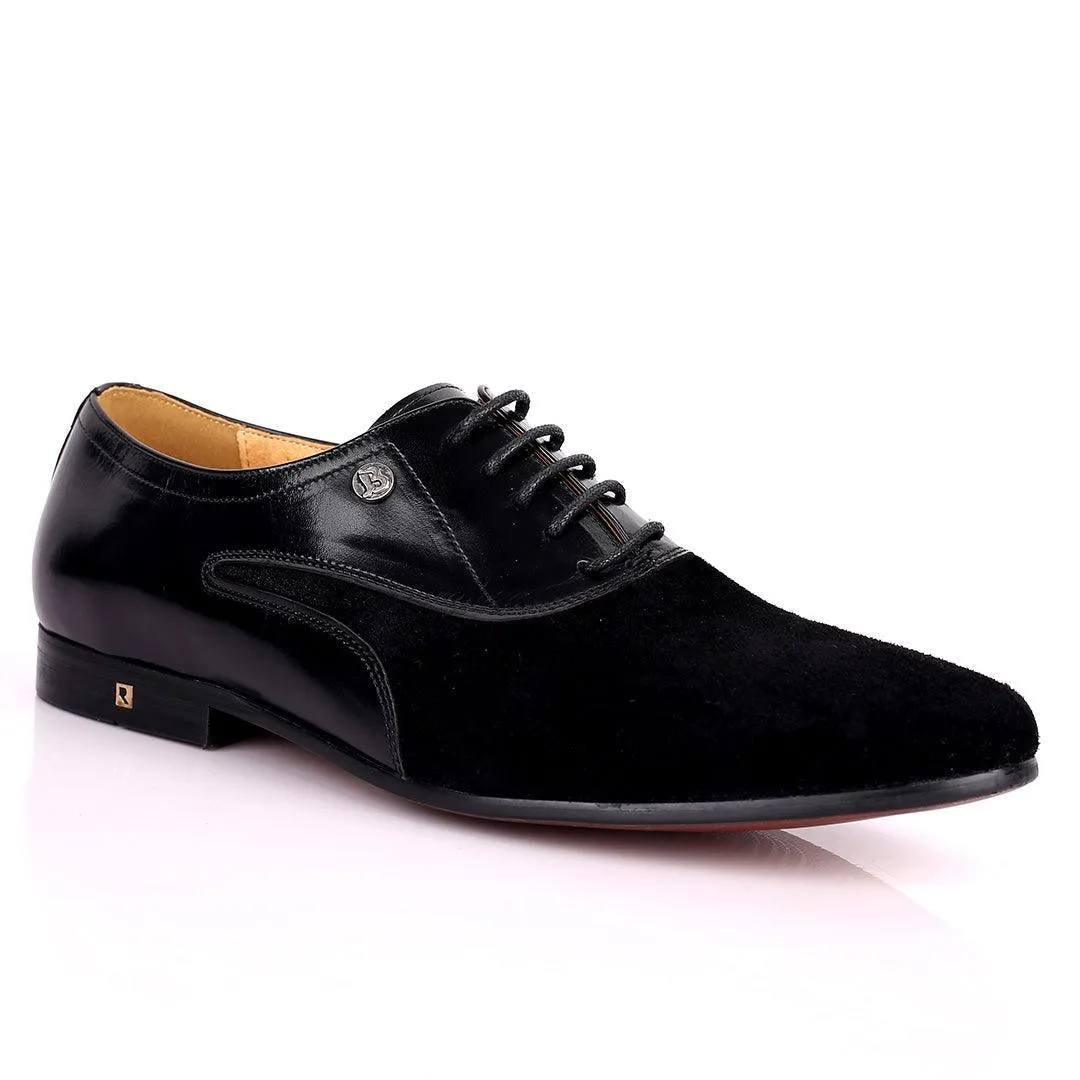 Ross Exquisite Half Suede Designed Lace up Leather Shoe - Black