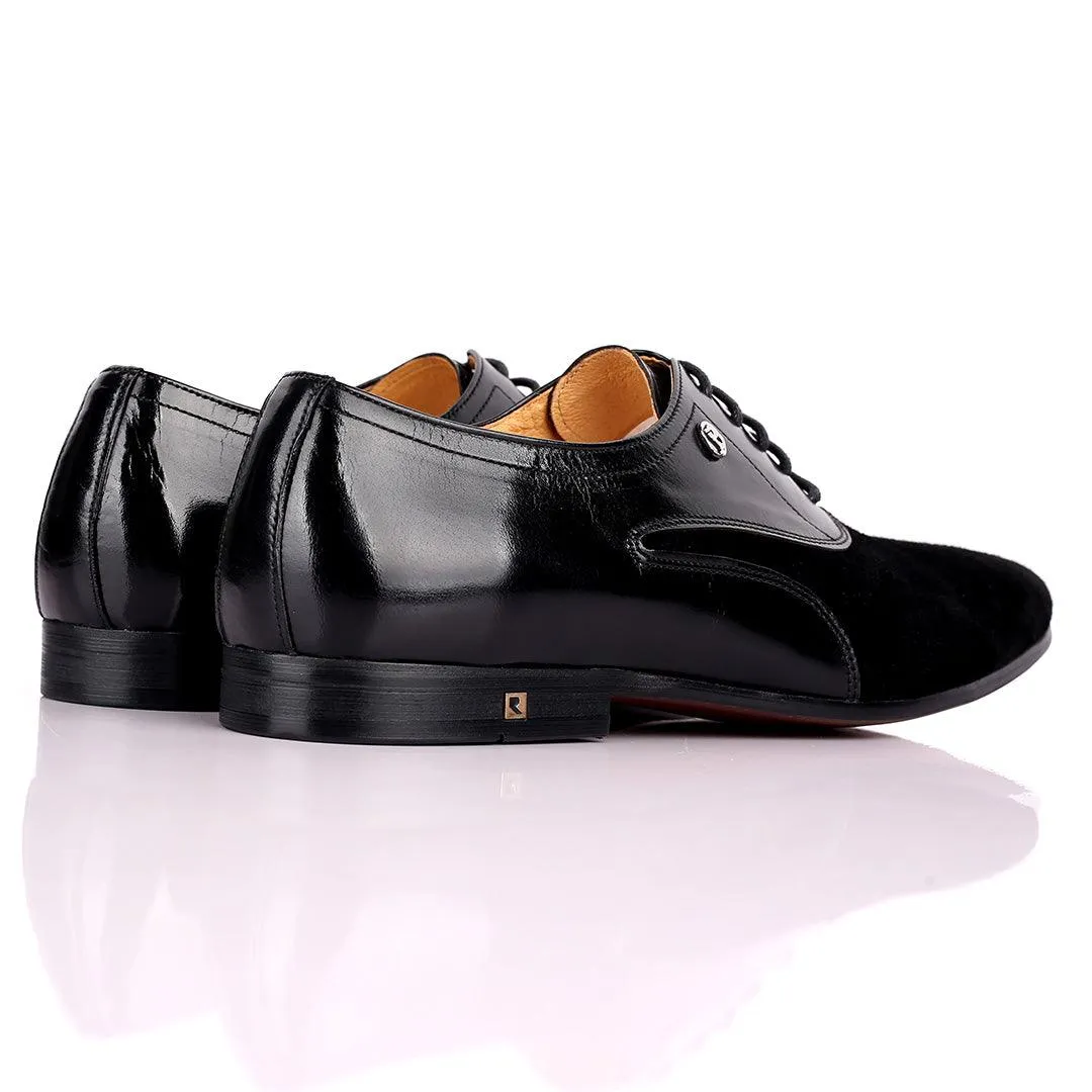 Ross Exquisite Half Suede Designed Lace up Leather Shoe - Black