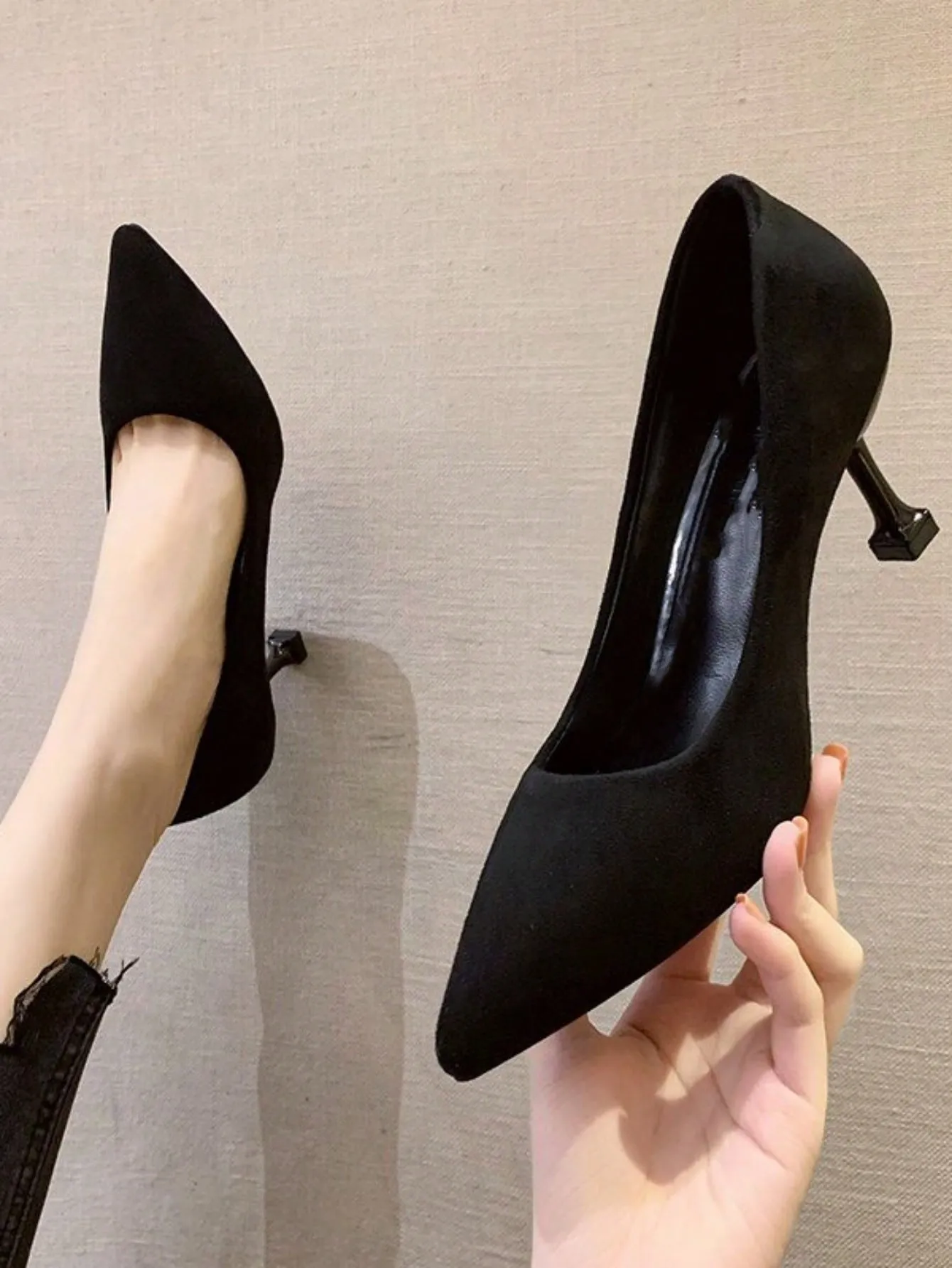 Women Point Toe Stiletto Heeled Pumps, Elegant Black Faux Suede Court Pumps