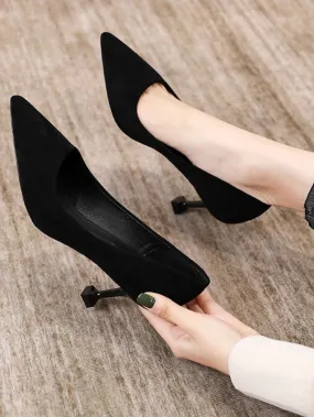 Women Point Toe Stiletto Heeled Pumps, Elegant Black Faux Suede Court Pumps