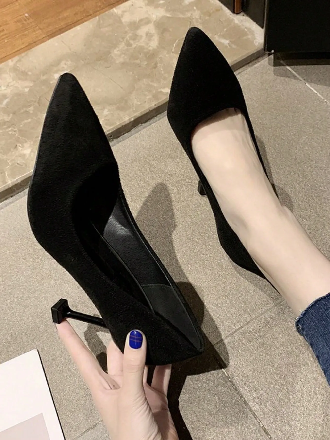 Women Point Toe Stiletto Heeled Pumps, Elegant Black Faux Suede Court Pumps