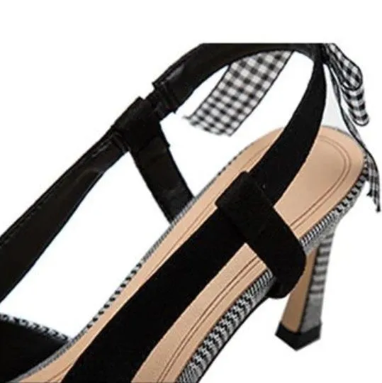 Women's Summer Plaid Heeled Elegant Pumps With Butterfly-Knot