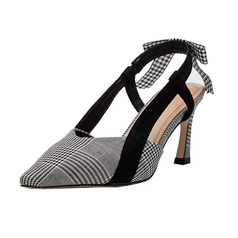 Women's Summer Plaid Heeled Elegant Pumps With Butterfly-Knot